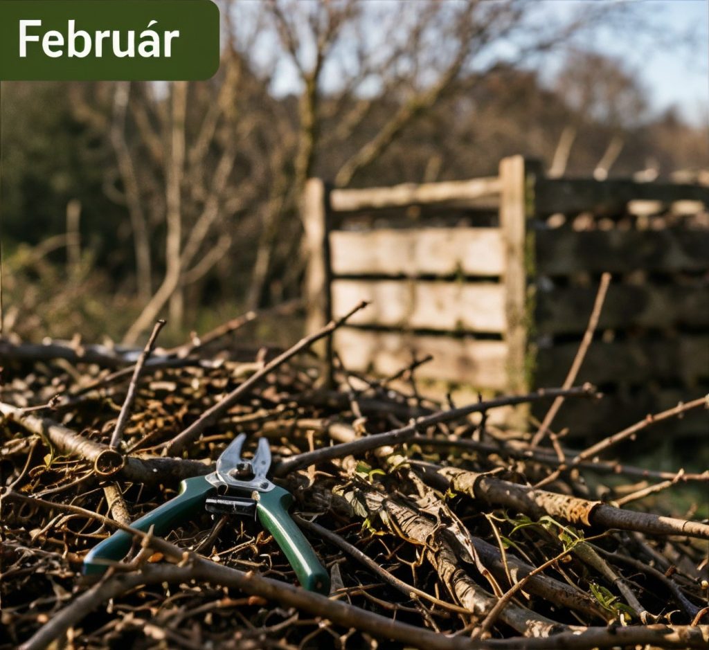 Metszésből származó ágak metszőollóval, a háttérben fakerítéssel.